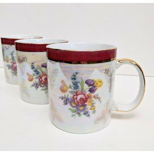 3x Haas & Czjzek Handmade Fine Porcelain 24k Gold Plate Lusterware Floral Mugs 